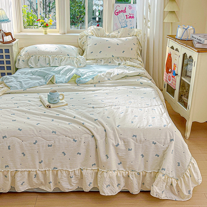 91家纺网 家纺一手货源 找家纺 一比一家纺 2026春夏新款法式大花边木棉皱皱纱夏被夏凉被空调被四件套 夏沫