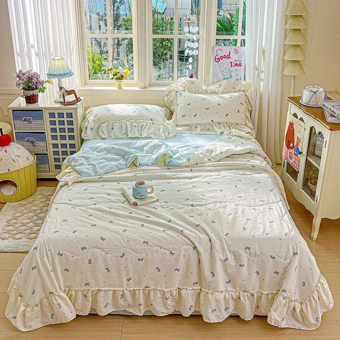 91家纺网 家纺一手货源 找家纺 一比一家纺 2026春夏新款法式大花边木棉皱皱纱夏被夏凉被空调被四件套 夏沫