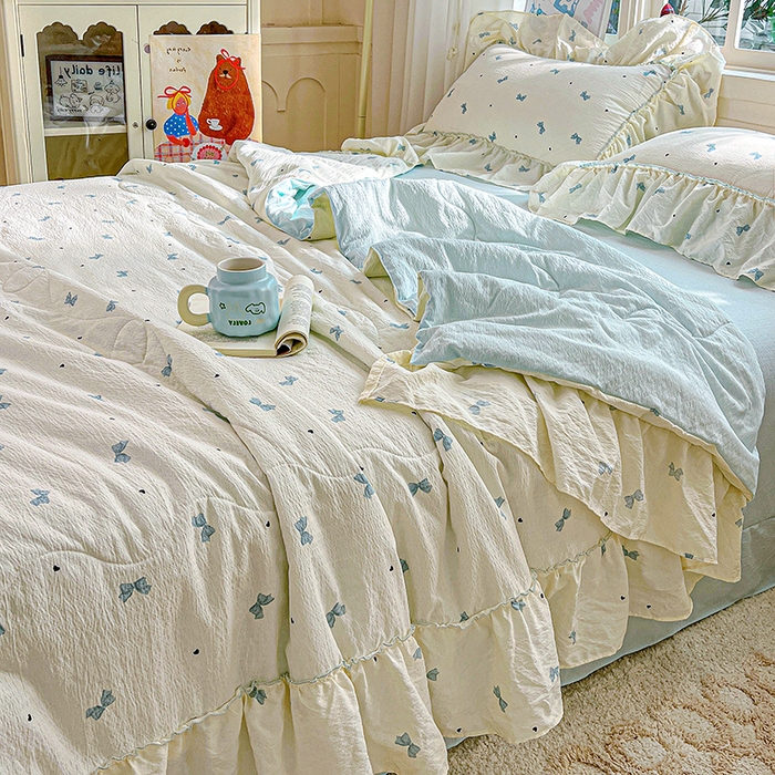 91家纺网 家纺一手货源 找家纺 一比一家纺 2026春夏新款法式大花边木棉皱皱纱夏被夏凉被空调被四件套 夏沫