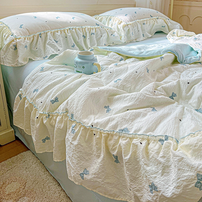 91家纺网 家纺一手货源 找家纺 一比一家纺 2026春夏新款法式大花边木棉皱皱纱夏被夏凉被空调被四件套 夏沫