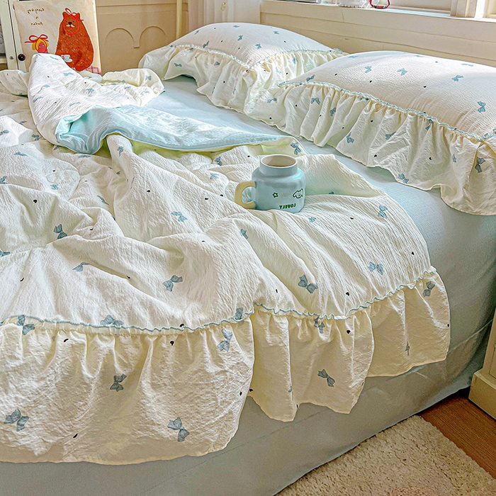 91家纺网 家纺一手货源 找家纺 一比一家纺 2026春夏新款法式大花边木棉皱皱纱夏被夏凉被空调被四件套 夏沫