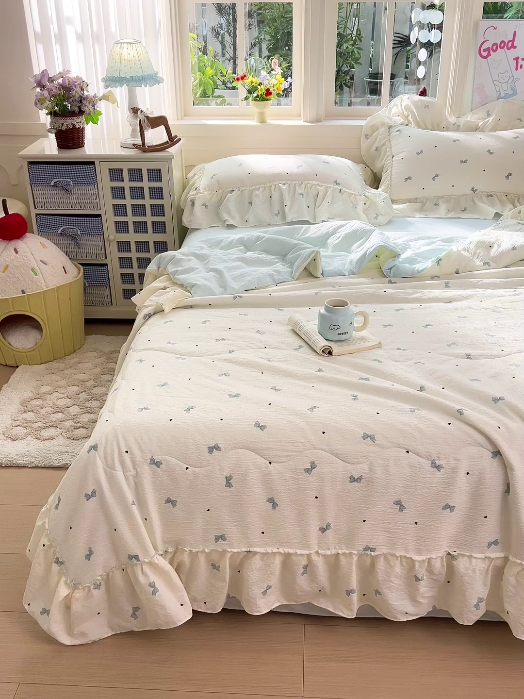 91家纺网 家纺一手货源 找家纺 一比一家纺 2026春夏新款法式大花边木棉皱皱纱夏被夏凉被空调被四件套 夏沫