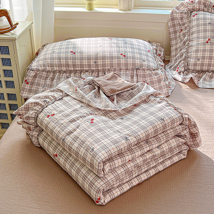 91家纺网 家纺一手货源 找家纺 一比一家纺 2026春夏新款法式大花边木棉皱皱纱夏被夏凉被空调被四件套 夏日樱桃