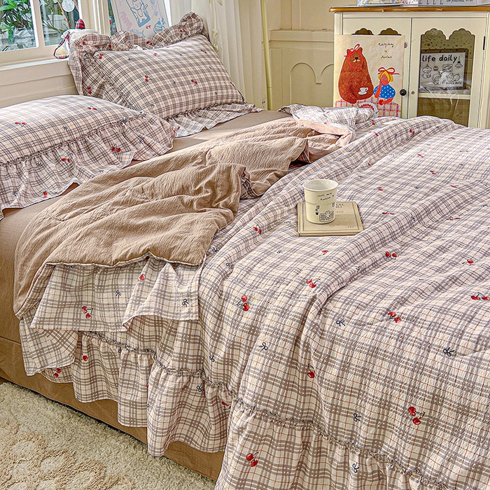 91家纺网 家纺一手货源 找家纺 一比一家纺 2026春夏新款法式大花边木棉皱皱纱夏被夏凉被空调被四件套 夏日樱桃