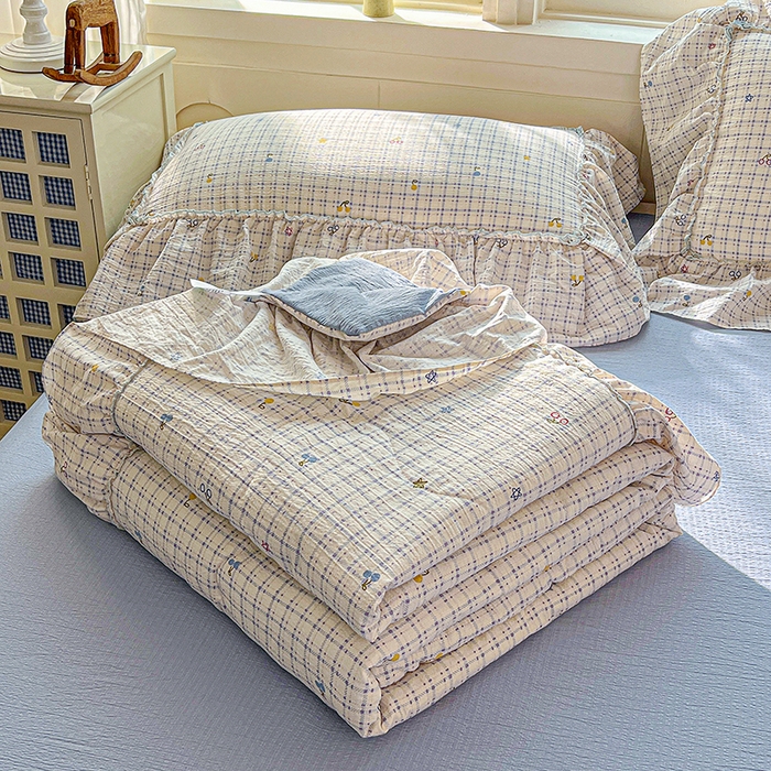 91家纺网 家纺一手货源 找家纺 一比一家纺 2026春夏新款法式大花边木棉皱皱纱夏被夏凉被空调被四件套 遇见