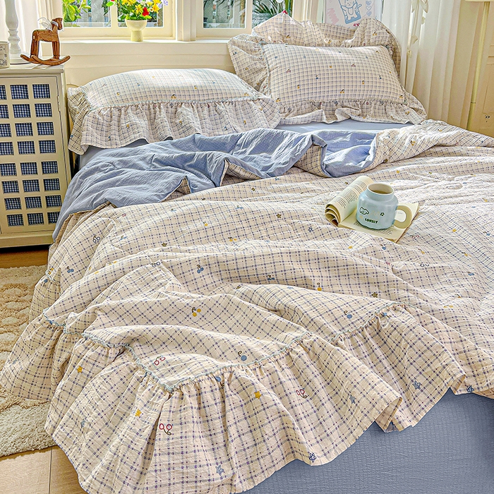 91家纺网 家纺一手货源 找家纺 一比一家纺 2026春夏新款法式大花边木棉皱皱纱夏被夏凉被空调被四件套 遇见