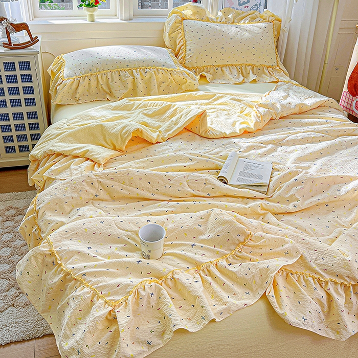 91家纺网 家纺一手货源 找家纺 一比一家纺 2026春夏新款法式大花边木棉皱皱纱夏被夏凉被空调被四件套 芝士奶盖