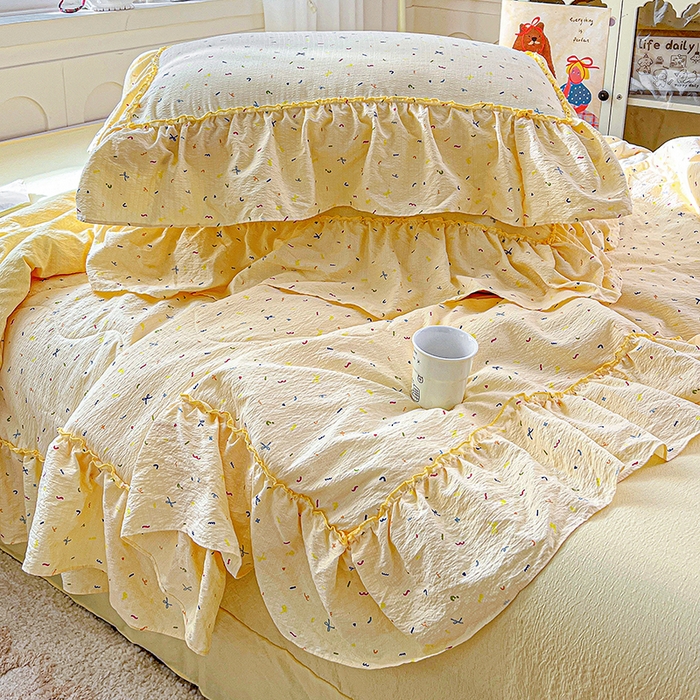 91家纺网 家纺一手货源 找家纺 一比一家纺 2026春夏新款法式大花边木棉皱皱纱夏被夏凉被空调被四件套 芝士奶盖