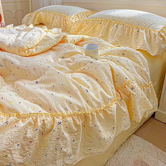 91家纺网 家纺一手货源 找家纺 一比一家纺 2026春夏新款法式大花边木棉皱皱纱夏被夏凉被空调被四件套 芝士奶盖