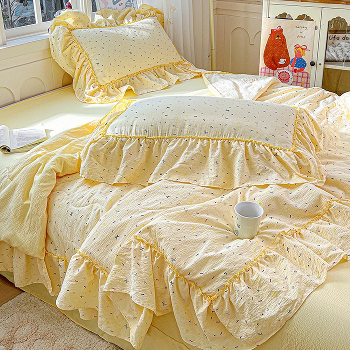 91家纺网 家纺一手货源 找家纺 一比一家纺 2026春夏新款法式大花边木棉皱皱纱夏被夏凉被空调被四件套 芝士奶盖