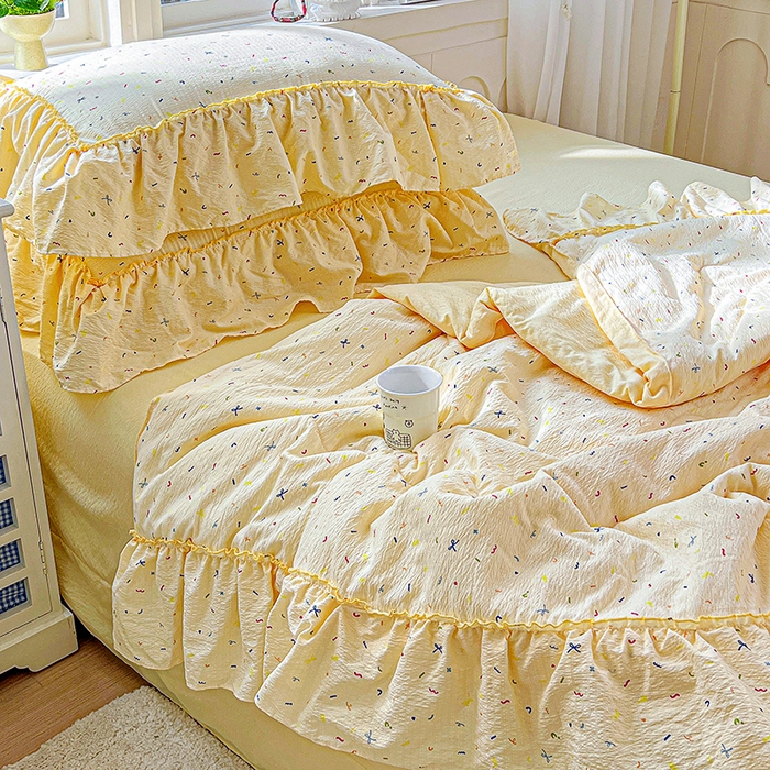 91家纺网 家纺一手货源 找家纺 一比一家纺 2026春夏新款法式大花边木棉皱皱纱夏被夏凉被空调被四件套 芝士奶盖