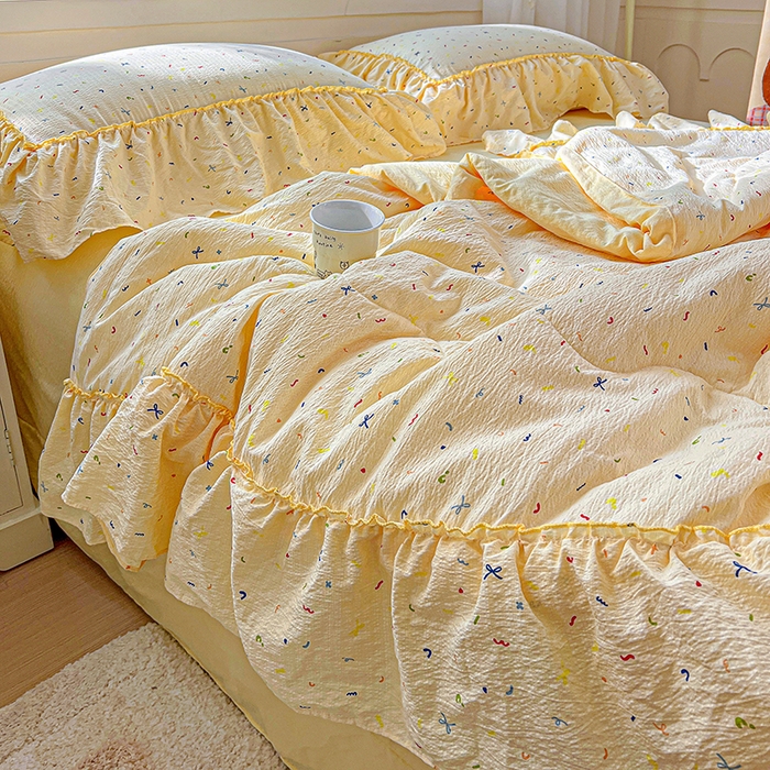 91家纺网 家纺一手货源 找家纺 一比一家纺 2026春夏新款法式大花边木棉皱皱纱夏被夏凉被空调被四件套 芝士奶盖