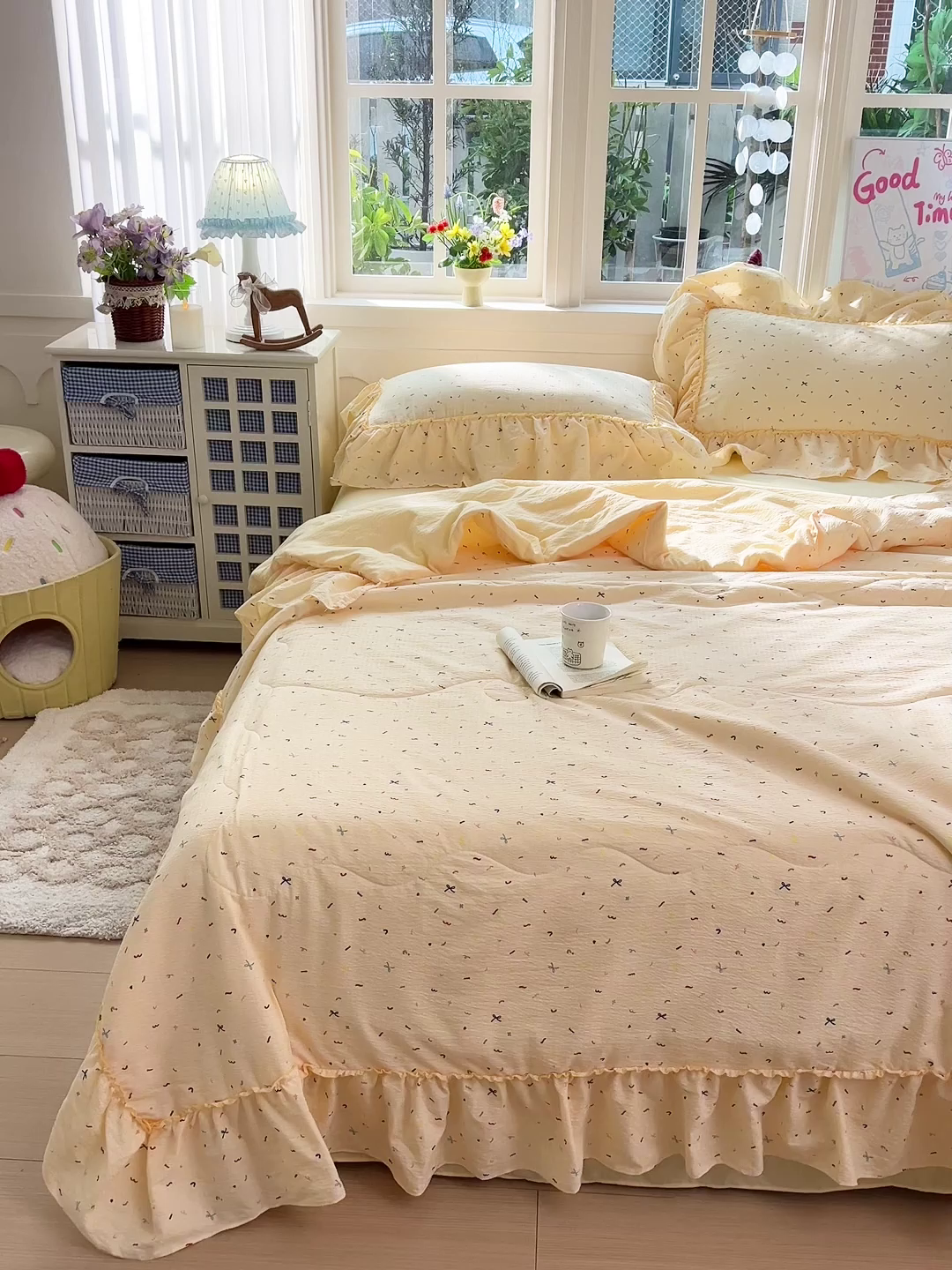 91家纺网 家纺一手货源 找家纺 一比一家纺 2026春夏新款法式大花边木棉皱皱纱夏被夏凉被空调被四件套 芝士奶盖