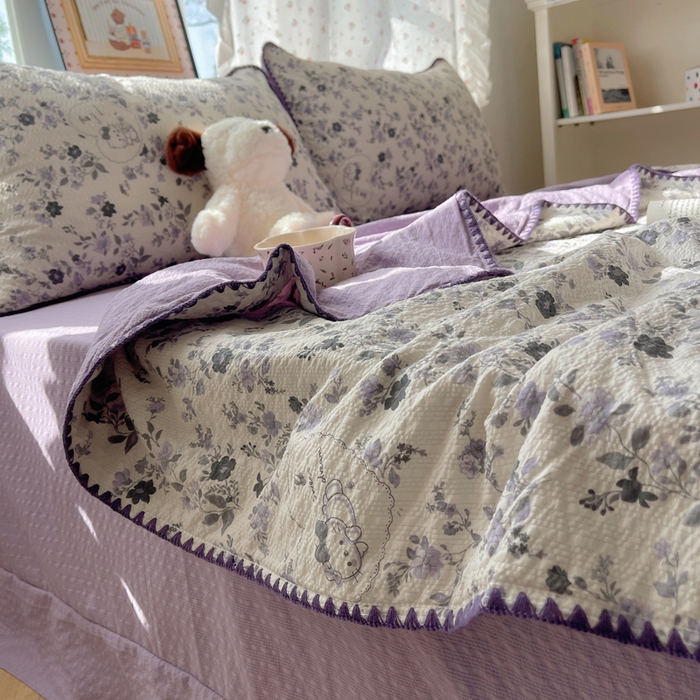 禾沐 2026新款三角针泡芙纱夏被四件套-实拍图 紫雾花蝶