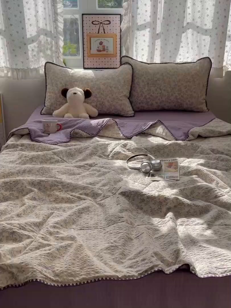 91家纺网 家纺一手货源 找家纺 禾沐 2026新款三角针泡芙纱夏被四件套-实拍图 蕾丝花匣