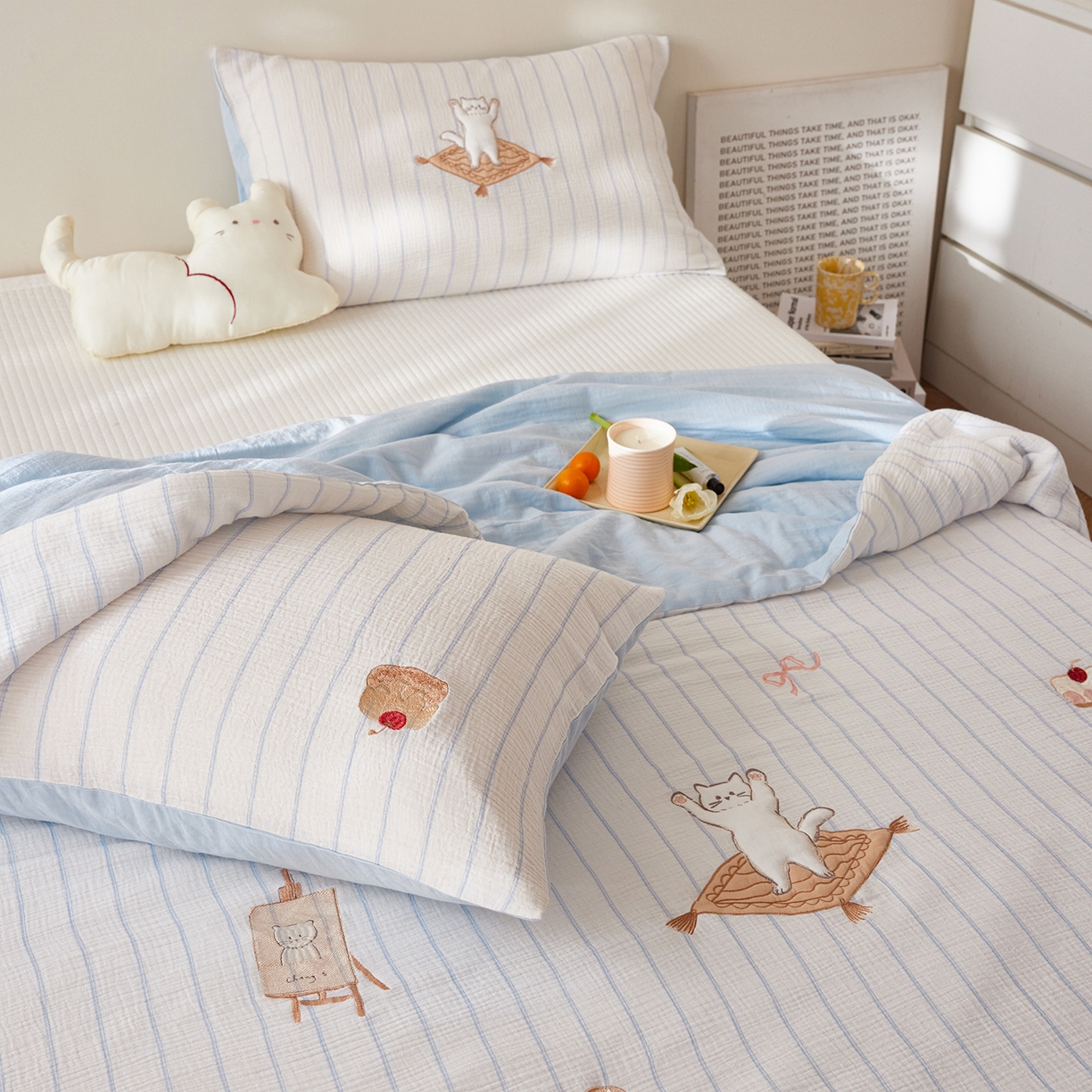 91家纺网 家纺一手货源 找家纺 沐珩家纺 2026新款40s双层皱皱纱绣花夏被泡芙纱系列 皱皱纱-奶盐可露丽