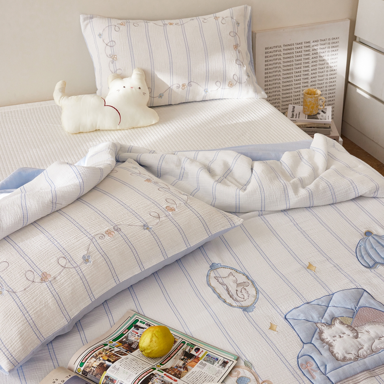 91家纺网 家纺一手货源 找家纺 沐珩家纺 2026新款40s双层皱皱纱绣花夏被泡芙纱系列 皱皱纱-蓝调奶芙