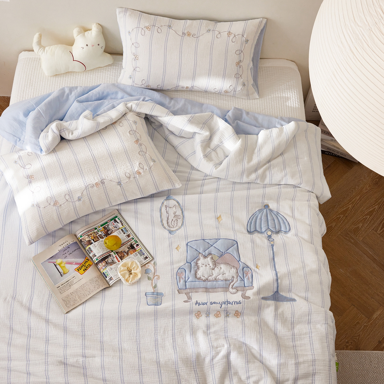 91家纺网 家纺一手货源 找家纺 沐珩家纺 2026新款40s双层皱皱纱绣花夏被泡芙纱系列 皱皱纱-蓝调奶芙