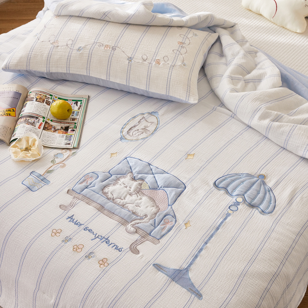 91家纺网 家纺一手货源 找家纺 沐珩家纺 2026新款40s双层皱皱纱绣花夏被泡芙纱系列 皱皱纱-蓝调奶芙