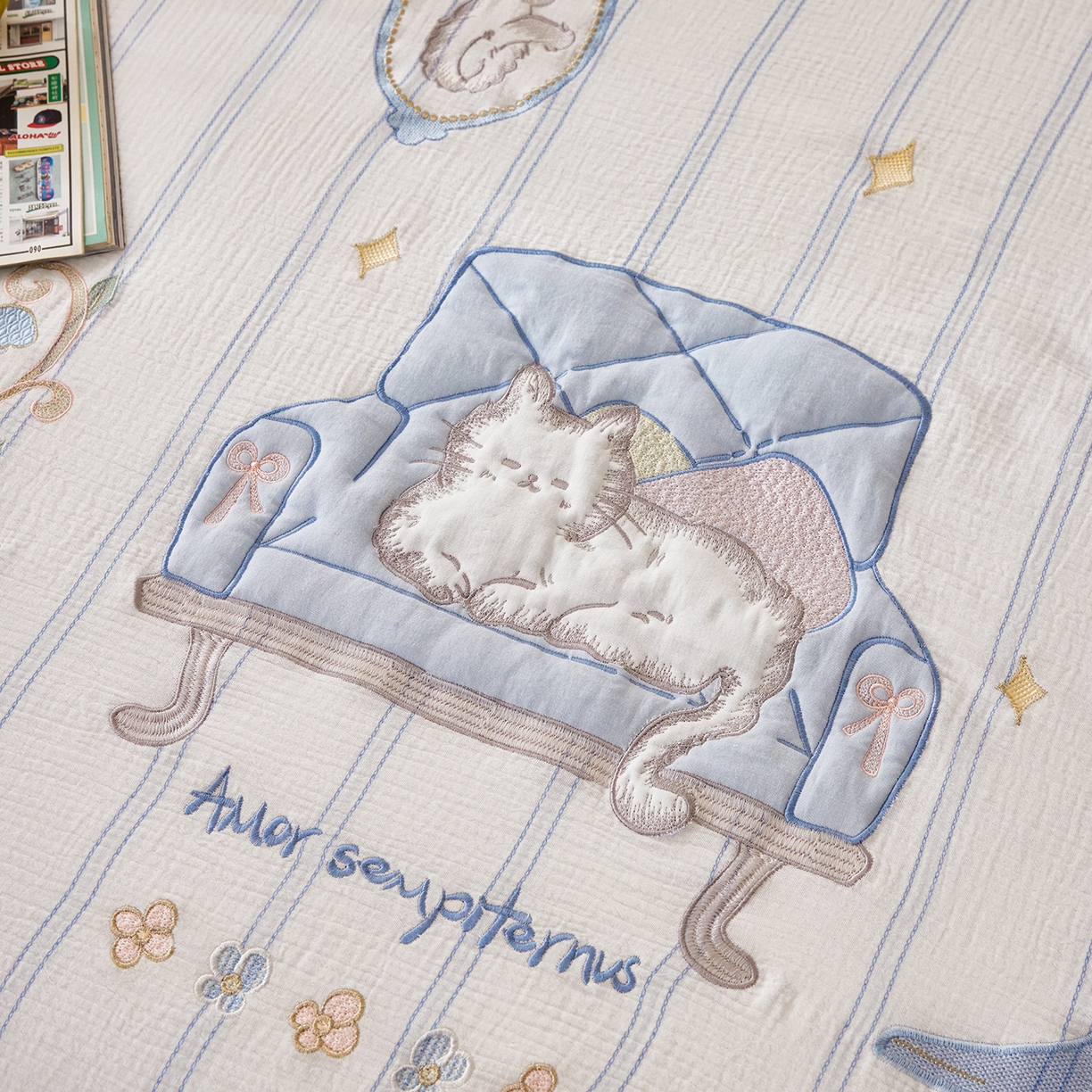 91家纺网 家纺一手货源 找家纺 沐珩家纺 2026新款40s双层皱皱纱绣花夏被泡芙纱系列 皱皱纱-蓝调奶芙