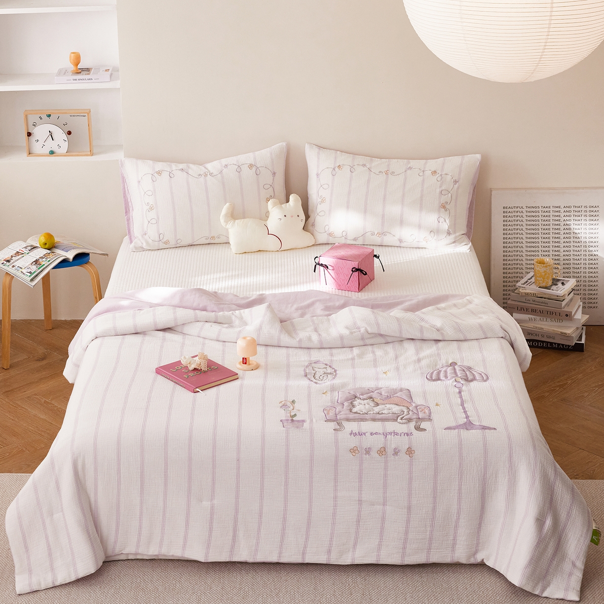 沐珩家纺 2026新款40s双层皱皱纱绣花夏被泡芙纱系列 皱皱纱-紫雾奶芙