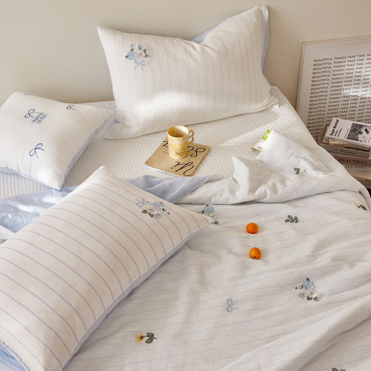 91家纺网 家纺一手货源 找家纺 沐珩家纺 2026新款40s双层皱皱纱绣花夏被泡芙纱系列 皱皱纱-蓝条小花