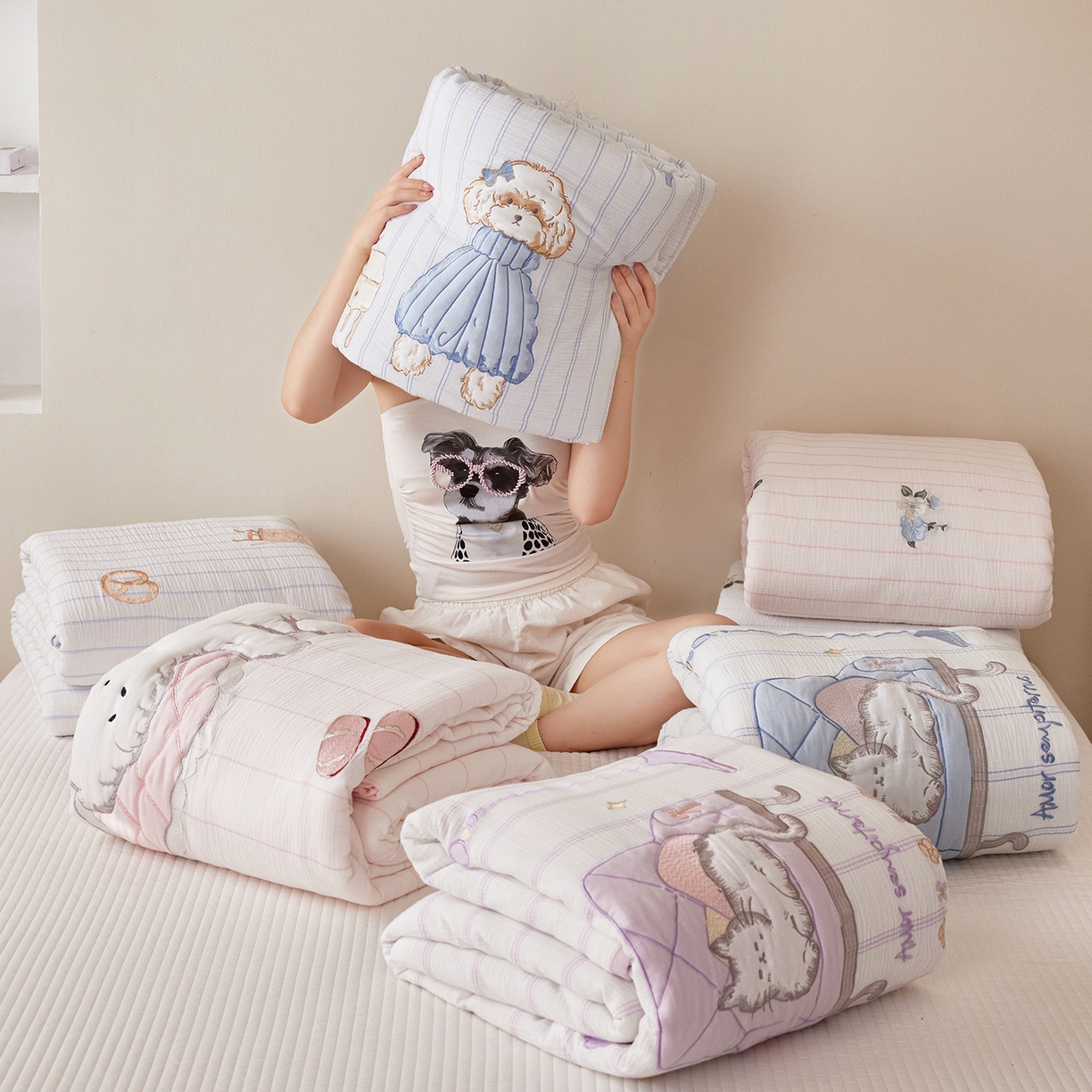 91家纺网 家纺一手货源 找家纺 沐珩家纺 2026新款40s双层皱皱纱绣花夏被泡芙纱系列 组合图