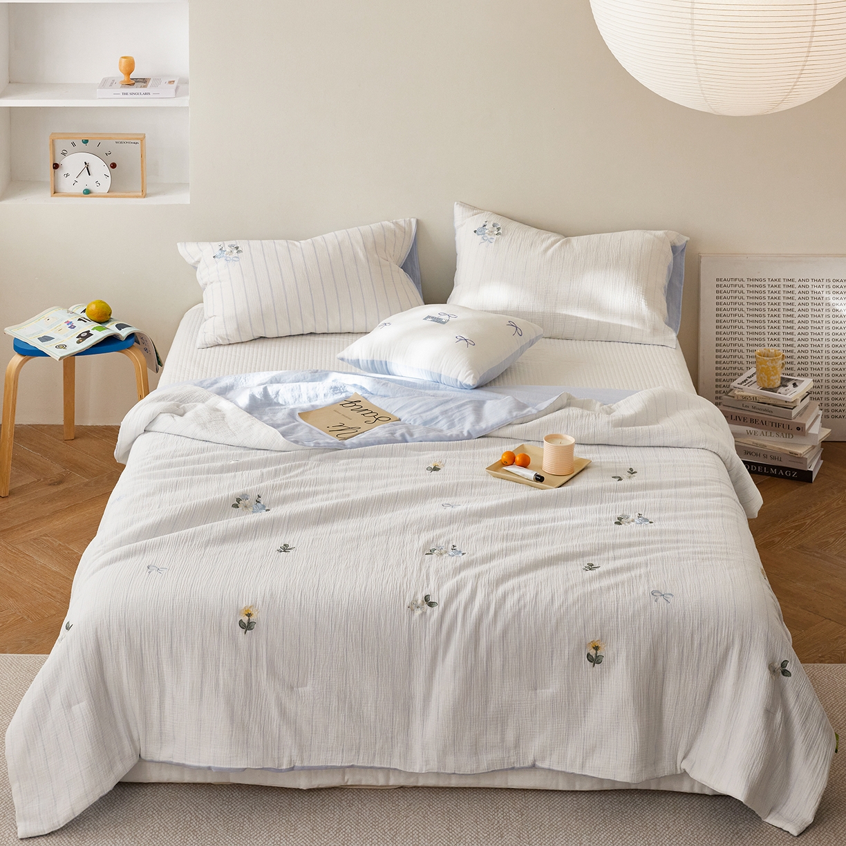 沐珩家纺 2026新款40s双层皱皱纱绣花夏被泡芙纱系列 皱皱纱-蓝条小花