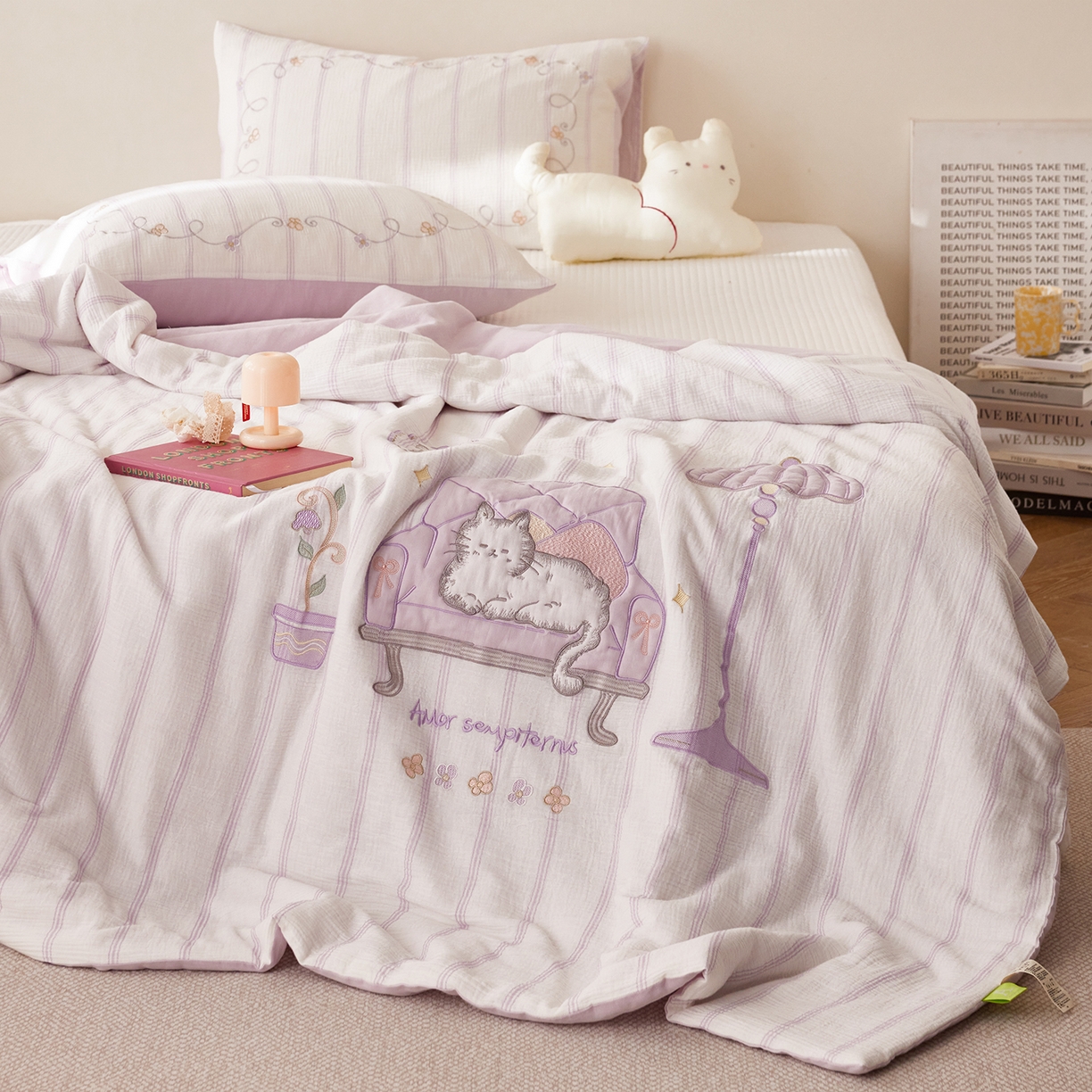 91家纺网 家纺一手货源 找家纺 沐珩家纺 2026新款40s双层皱皱纱绣花夏被泡芙纱系列 皱皱纱-紫雾奶芙