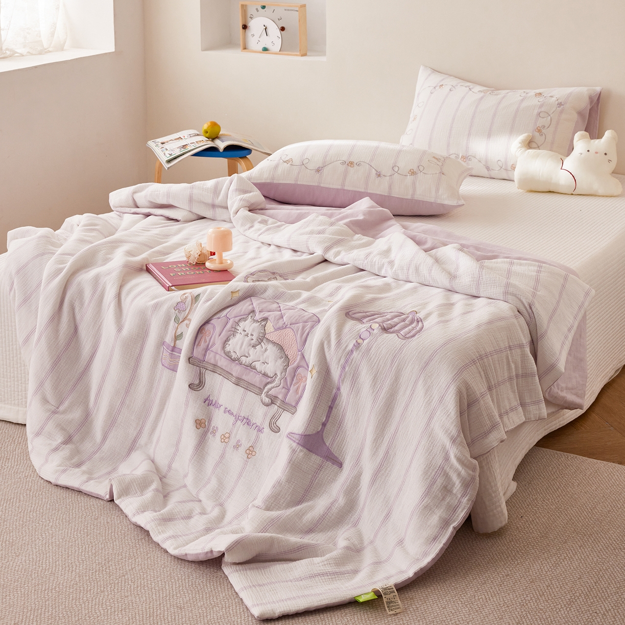 91家纺网 家纺一手货源 找家纺 沐珩家纺 2026新款40s双层皱皱纱绣花夏被泡芙纱系列 皱皱纱-紫雾奶芙