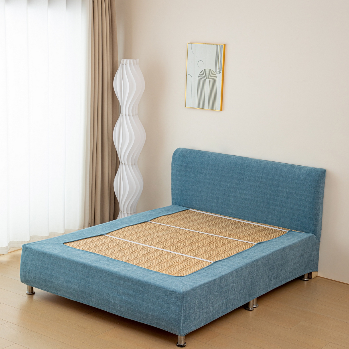 91家纺网 家纺一手货源 找家纺 沐沐家纺 2026新款南笙床头罩+床裙罩 蓝色