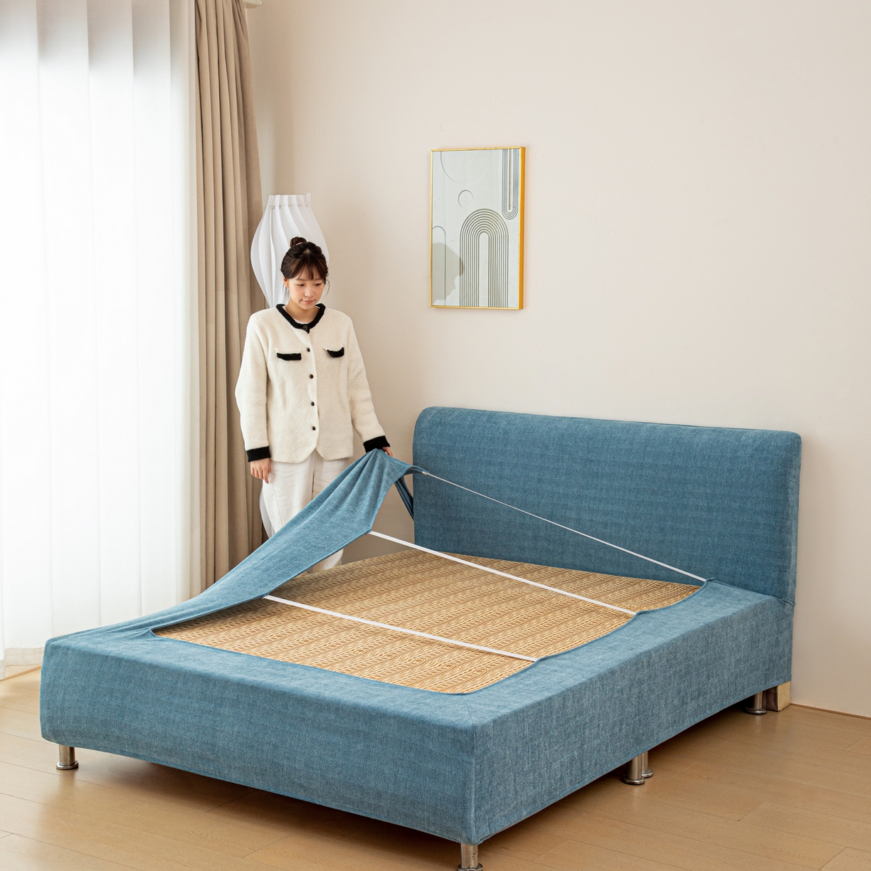 91家纺网 家纺一手货源 找家纺 沐沐家纺 2026新款南笙床头罩+床裙罩 蓝色