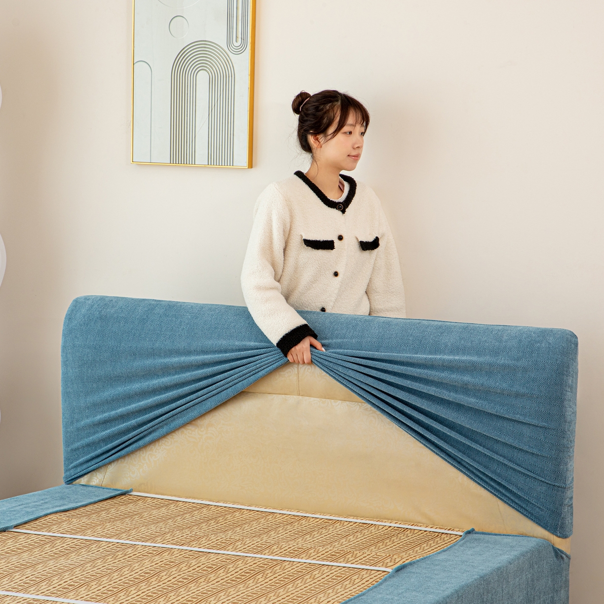 91家纺网 家纺一手货源 找家纺 沐沐家纺 2026新款南笙床头罩+床裙罩 蓝色