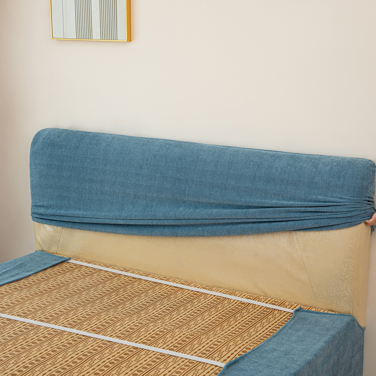 91家纺网 家纺一手货源 找家纺 沐沐家纺 2026新款南笙床头罩+床裙罩 蓝色