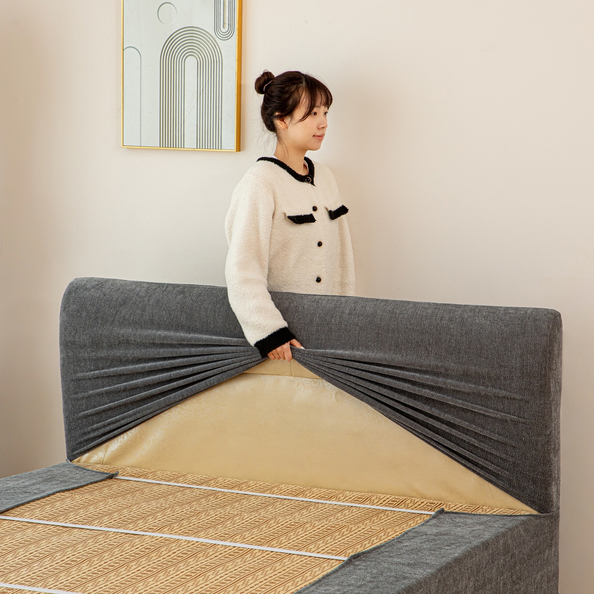 91家纺网 家纺一手货源 找家纺 沐沐家纺 2026新款南笙床头罩+床裙罩 深灰