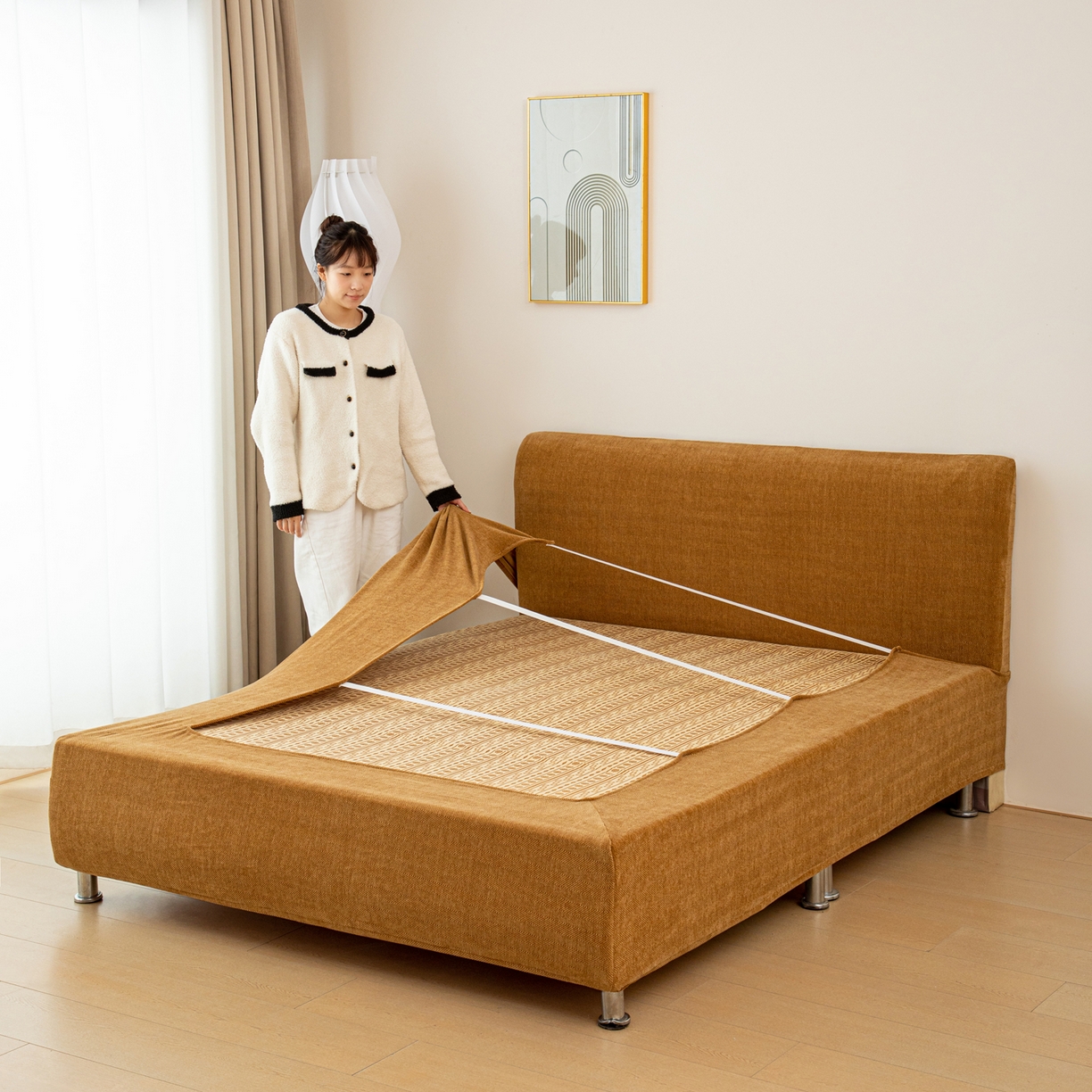 沐沐家纺 2026新款南笙床头罩+床裙罩 咖色