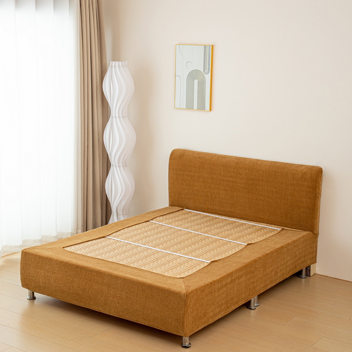 91家纺网 家纺一手货源 找家纺 沐沐家纺 2026新款南笙床头罩+床裙罩 咖色