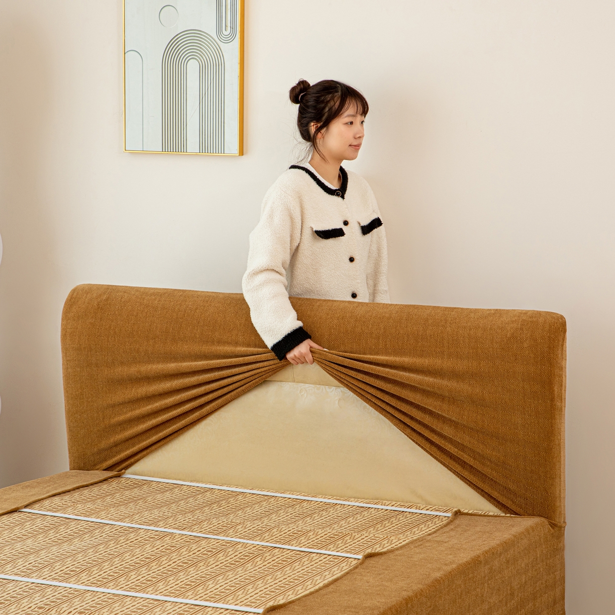 91家纺网 家纺一手货源 找家纺 沐沐家纺 2026新款南笙床头罩+床裙罩 咖色