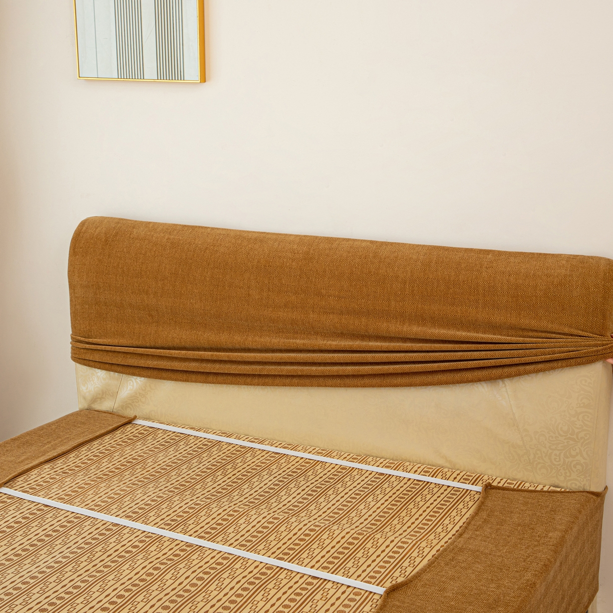 91家纺网 家纺一手货源 找家纺 沐沐家纺 2026新款南笙床头罩+床裙罩 咖色