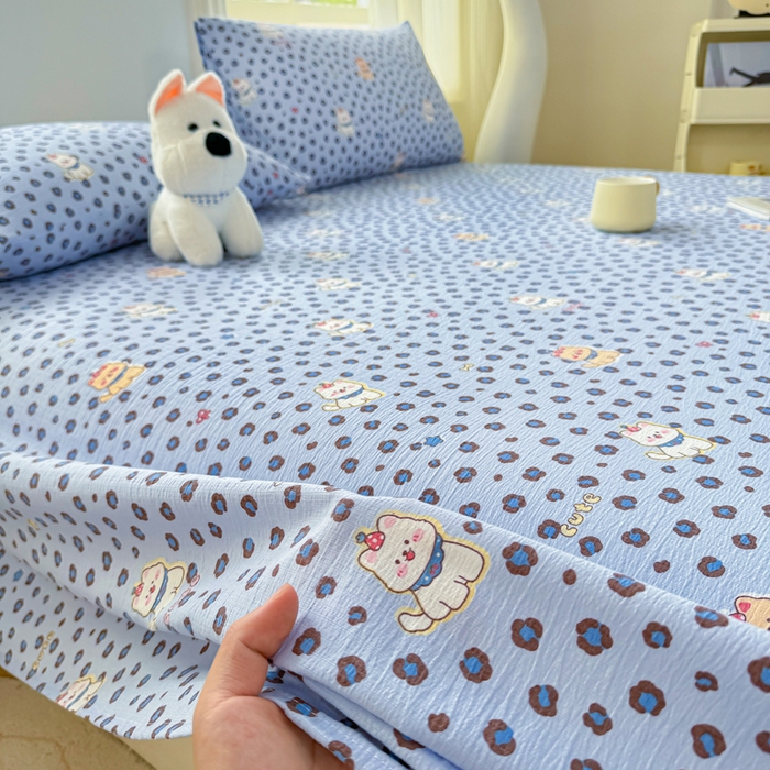 91家纺网 家纺一手货源 找家纺 梵朴 2026新款A类泡芙纱云感邹邹纱双层纱单床单 豹纹泡芙狗