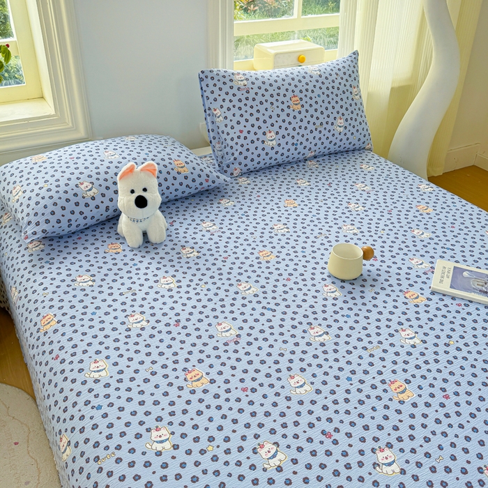 91家纺网 家纺一手货源 找家纺 梵朴 2026新款A类泡芙纱云感邹邹纱双层纱单床单 豹纹泡芙狗