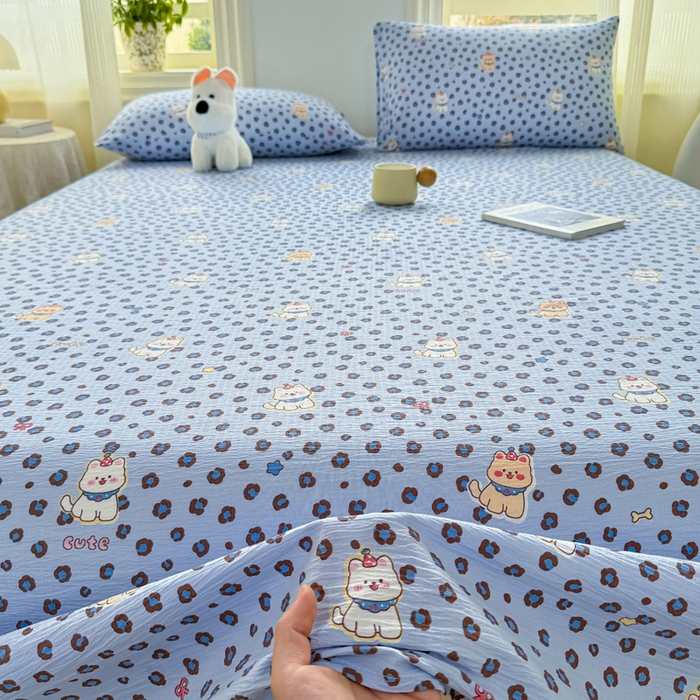 91家纺网 家纺一手货源 找家纺 梵朴 2026新款A类泡芙纱云感邹邹纱双层纱单床单 豹纹泡芙狗