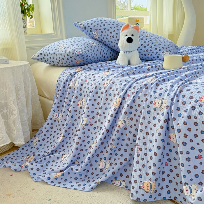 91家纺网 家纺一手货源 找家纺 梵朴 2026新款A类泡芙纱云感邹邹纱双层纱单床单 豹纹泡芙狗