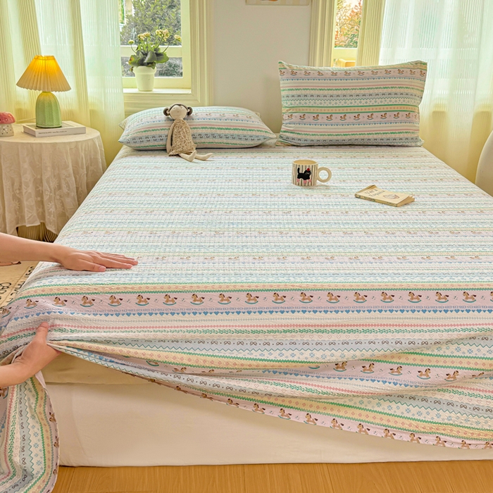 91家纺网 家纺一手货源 找家纺 梵朴 2026新款A类泡芙纱云感邹邹纱双层纱单床单 费尔岛木马