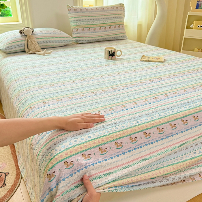 91家纺网 家纺一手货源 找家纺 梵朴 2026新款A类泡芙纱云感邹邹纱双层纱单床单 费尔岛木马