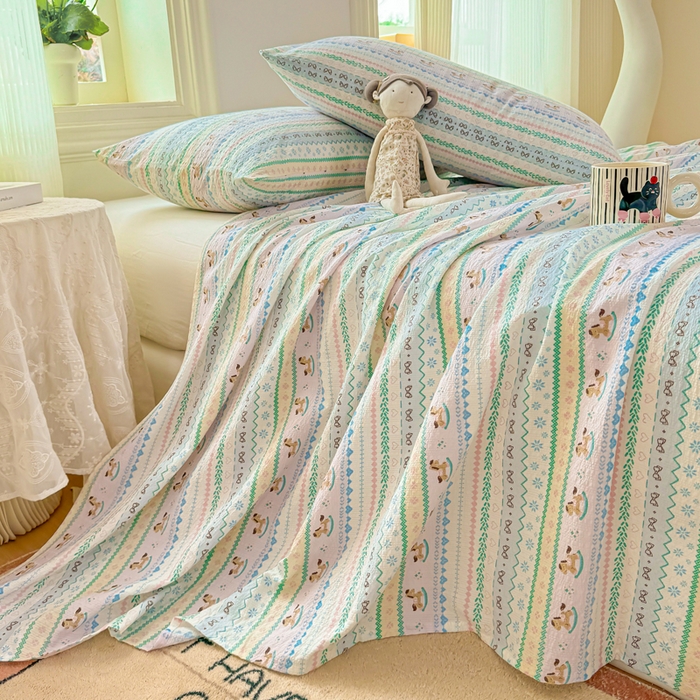 91家纺网 家纺一手货源 找家纺 梵朴 2026新款A类泡芙纱云感邹邹纱双层纱单床单 费尔岛木马