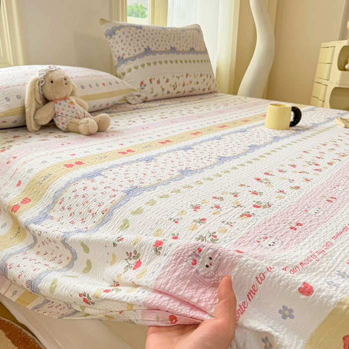 91家纺网 家纺一手货源 找家纺 梵朴 2026新款A类泡芙纱云感邹邹纱双层纱单床单 蝴蝶结小兔