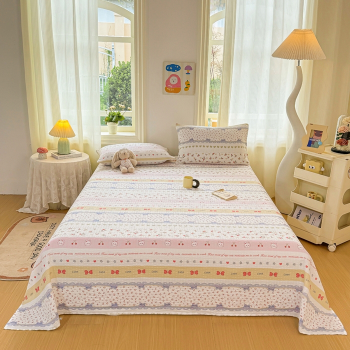 91家纺网 家纺一手货源 找家纺 梵朴 2026新款A类泡芙纱云感邹邹纱双层纱单床单 蝴蝶结小兔