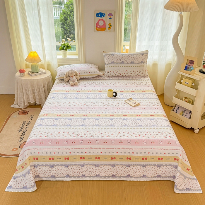 91家纺网 家纺一手货源 找家纺 梵朴 2026新款A类泡芙纱云感邹邹纱双层纱单床单 蝴蝶结小兔