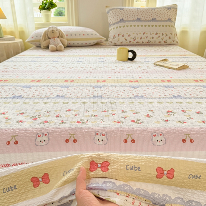 91家纺网 家纺一手货源 找家纺 梵朴 2026新款A类泡芙纱云感邹邹纱双层纱单床单 蝴蝶结小兔